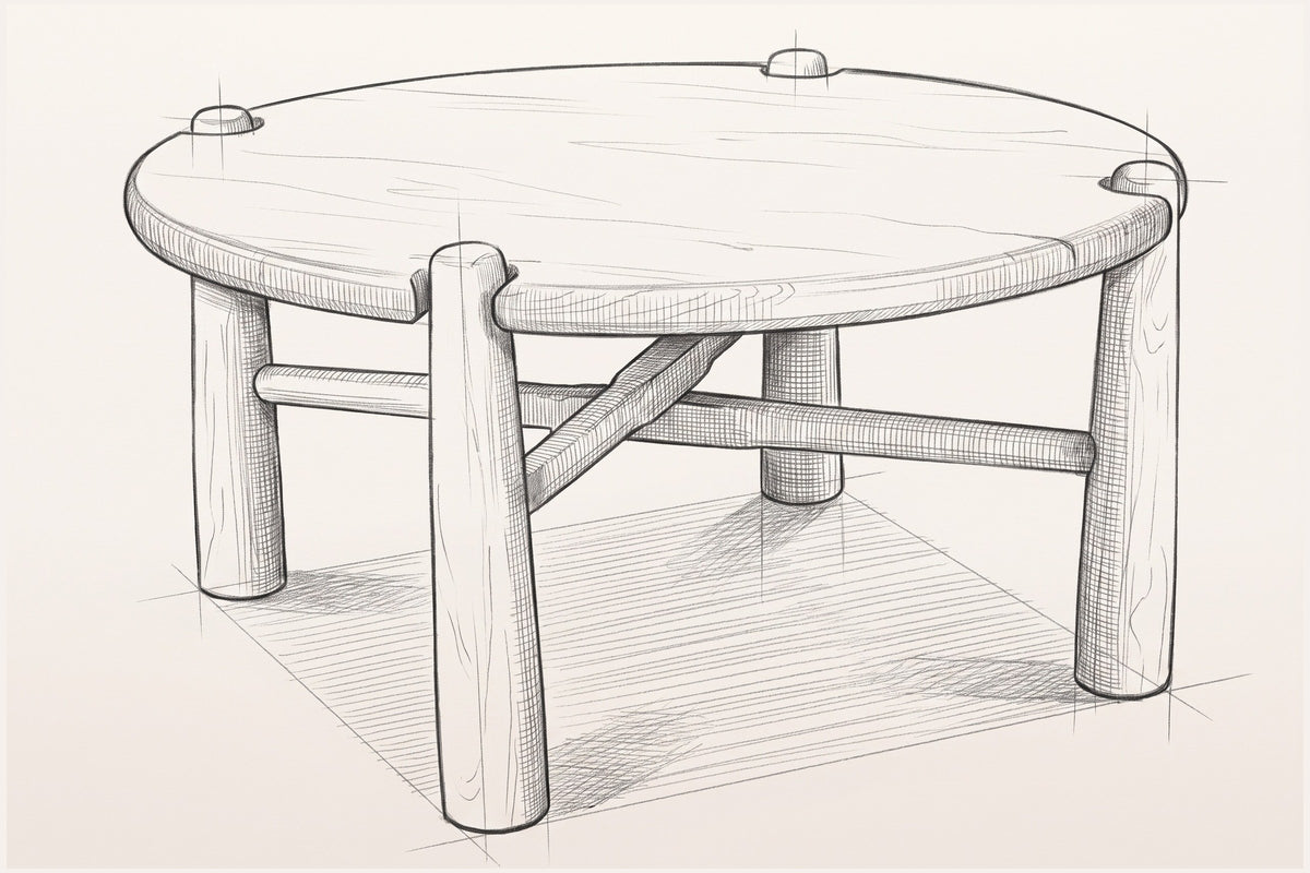 Pencil sketch of the Buonconvento coffee table, three-quarter view from above