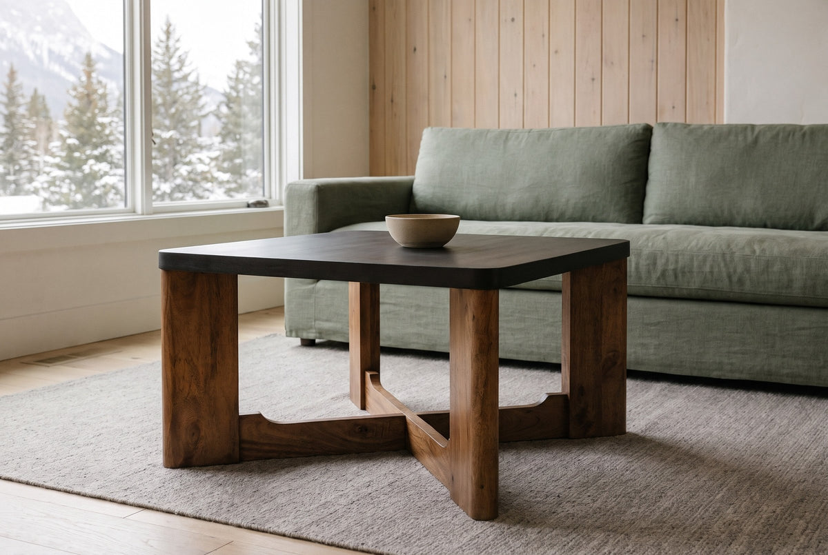 Calcata coffee table in front of a sage-green linen sofa and a cedar-board wall in a Canmore mountain condo, snowy pines through the window