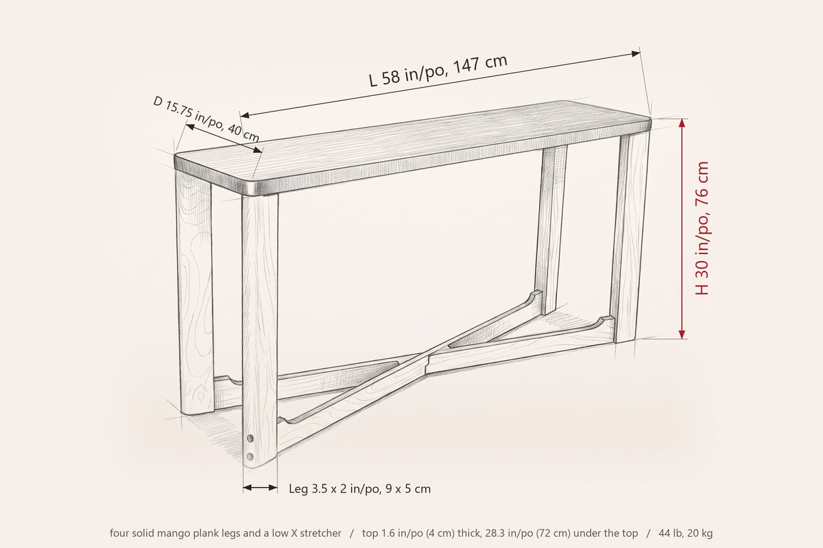 Calcata console dimensions: 58 in long, 15.75 in deep, 30 in high, legs 3.5 x 2 in