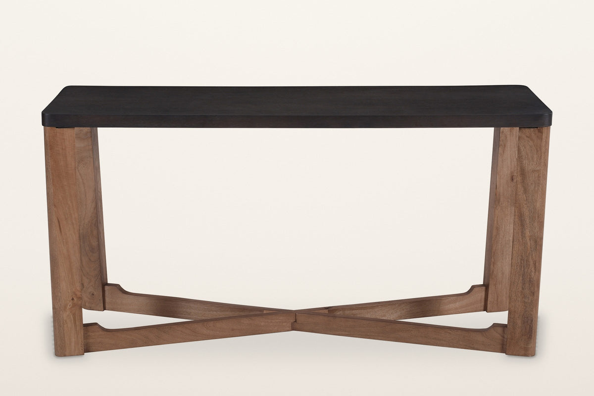 Calcata console table from the front: a long mocha top on four walnut plank legs and a low X stretcher