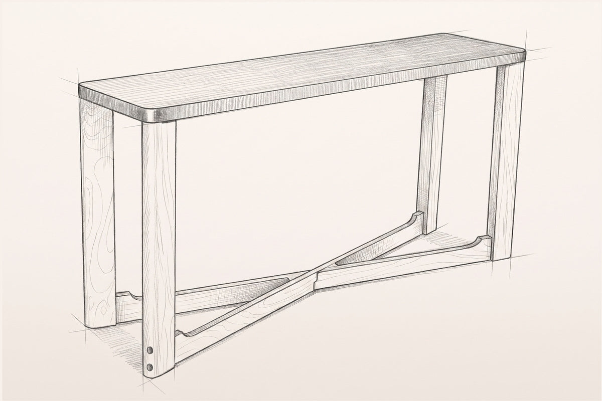 Pencil sketch of the Calcata console table, three-quarter view