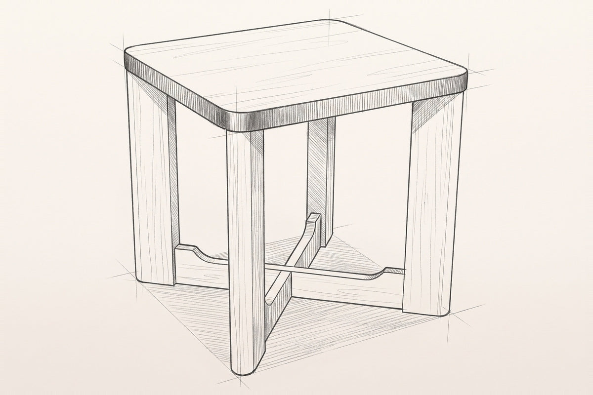 Pencil sketch of the Calcata side table, three-quarter view from above