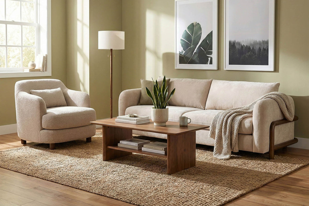 Calista Sand fabric sofa in a sage green living room with a wood coffee table