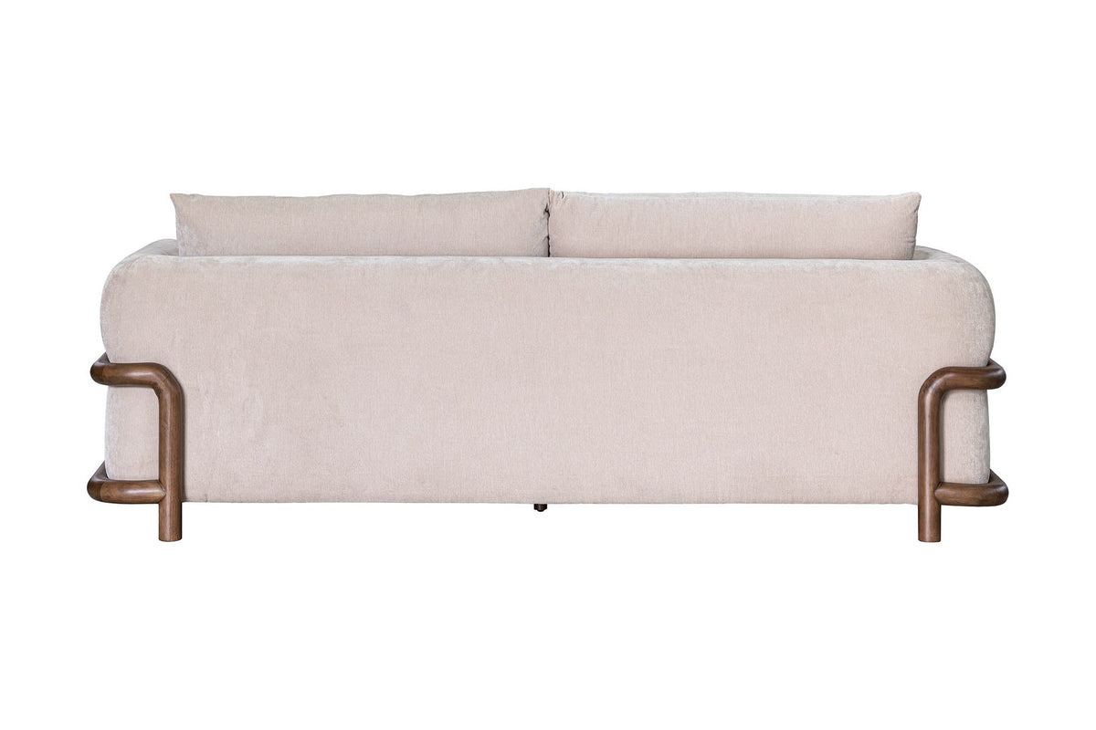 Calista fabric sofa in Sand, back view showing the rubberwood frame at both ends