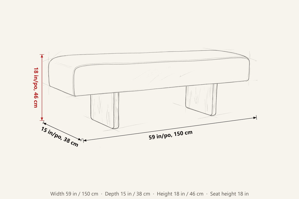 Caltagirone dimensions on a pencil sketch of the bench: 59 in wide, 15 in deep, 18 in high, seat height 18 in