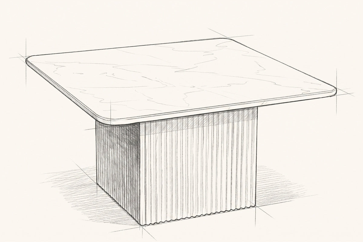 Pencil sketch of the Campiglia coffee table, three-quarter view from above