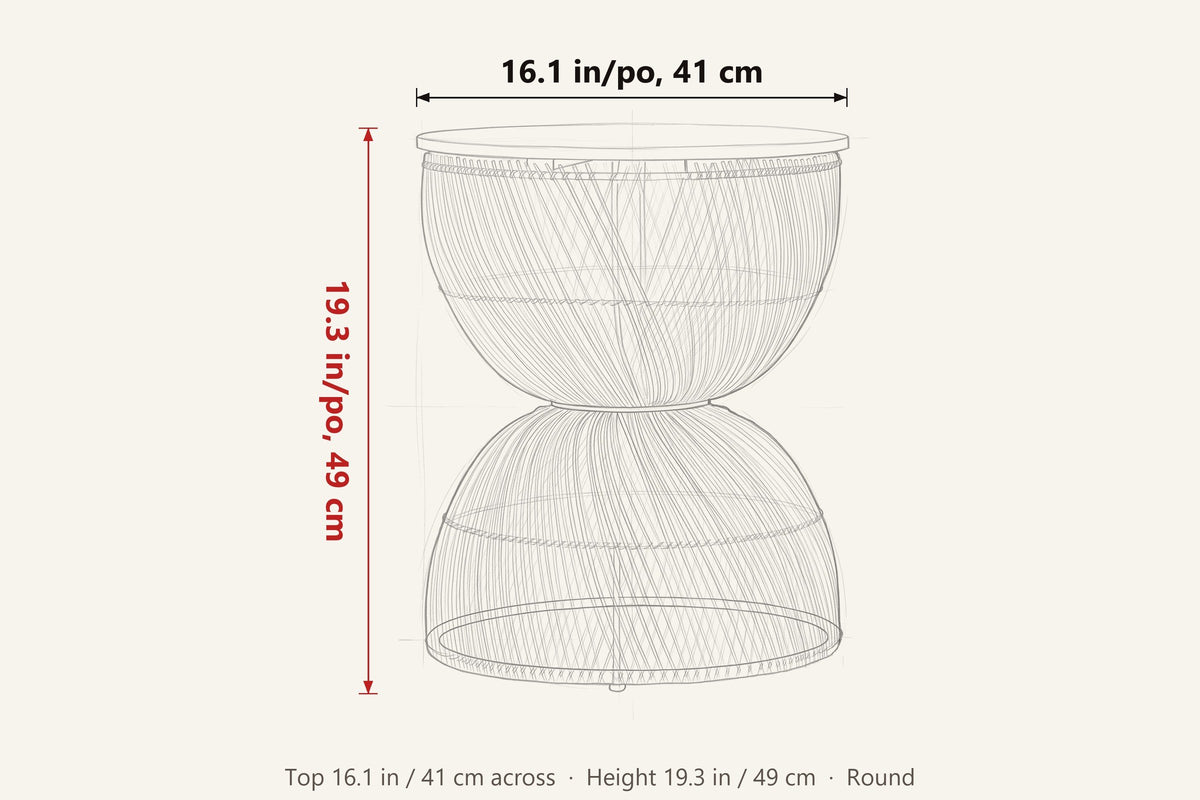 Canale dimensions on a pencil sketch of the side table: round top 16.1 in across, 19.3 in high
