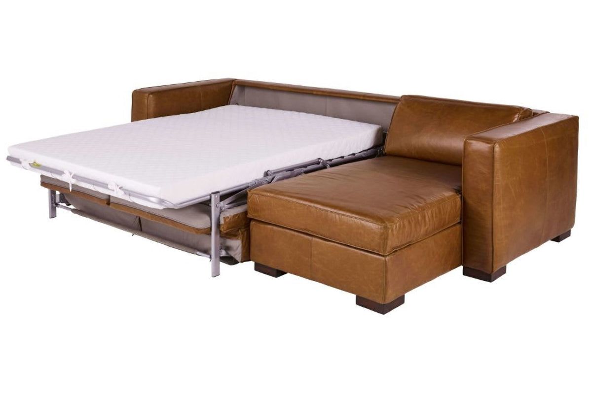 Valencia Tiziana Leather 3 Seater Queen Sofa Bed with Chaise Brown