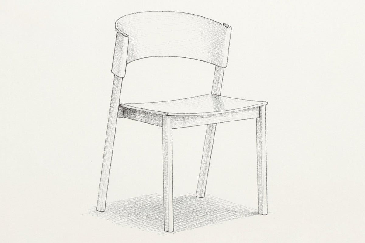 Pencil sketch of the Canelli dining chair, three-quarter view from above