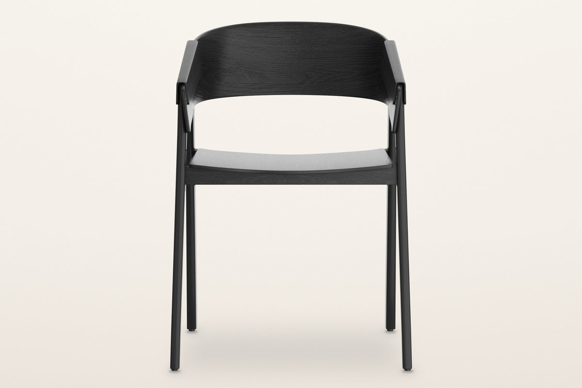 Caprarola dining armchair in black, straight front view: the shell folding over both front legs