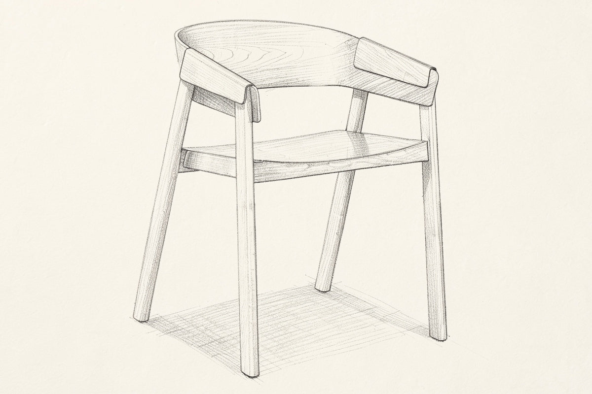 Pencil sketch of the Caprarola dining armchair, three-quarter view from above