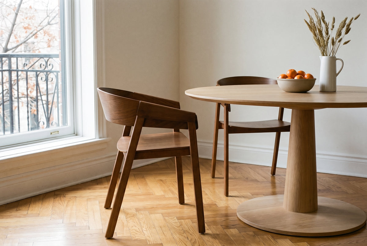 Two Caprarola dining armchairs in walnut at a round white-oak pedestal table in a Montreal apartment