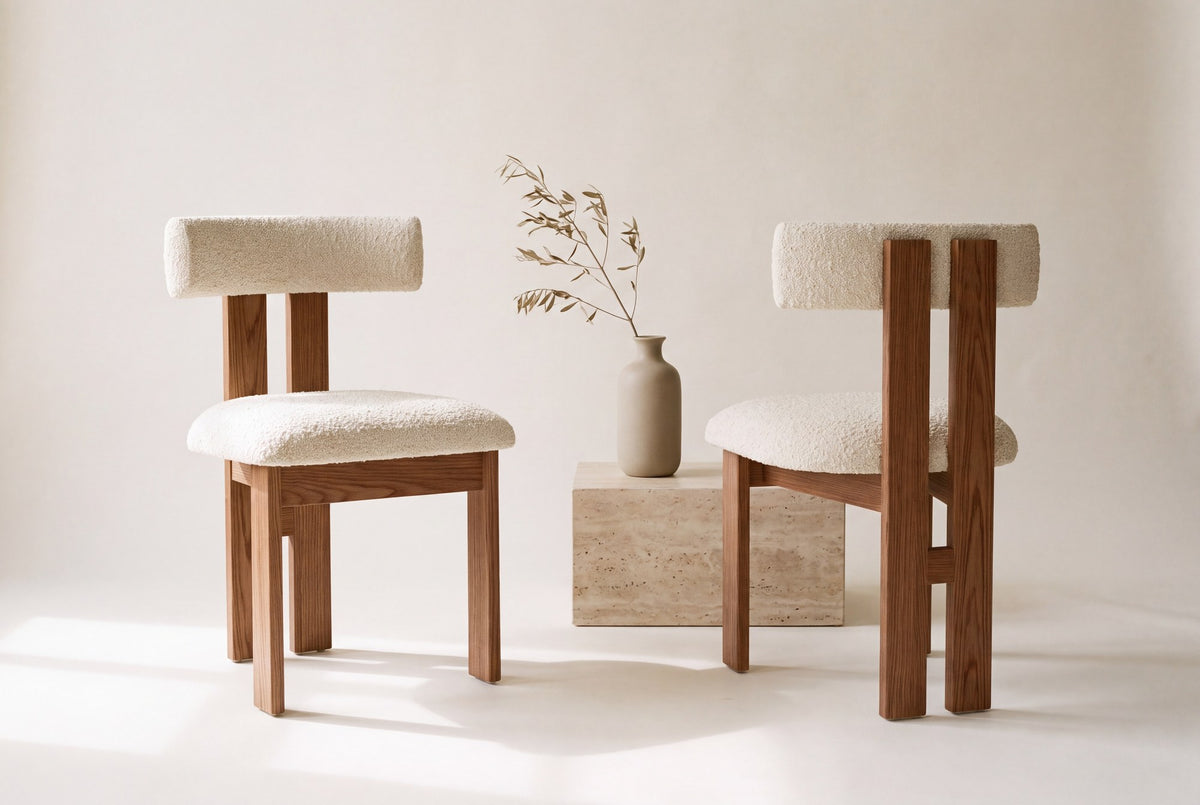 Two Carlo dining chairs, front and back views, beside a travertine block