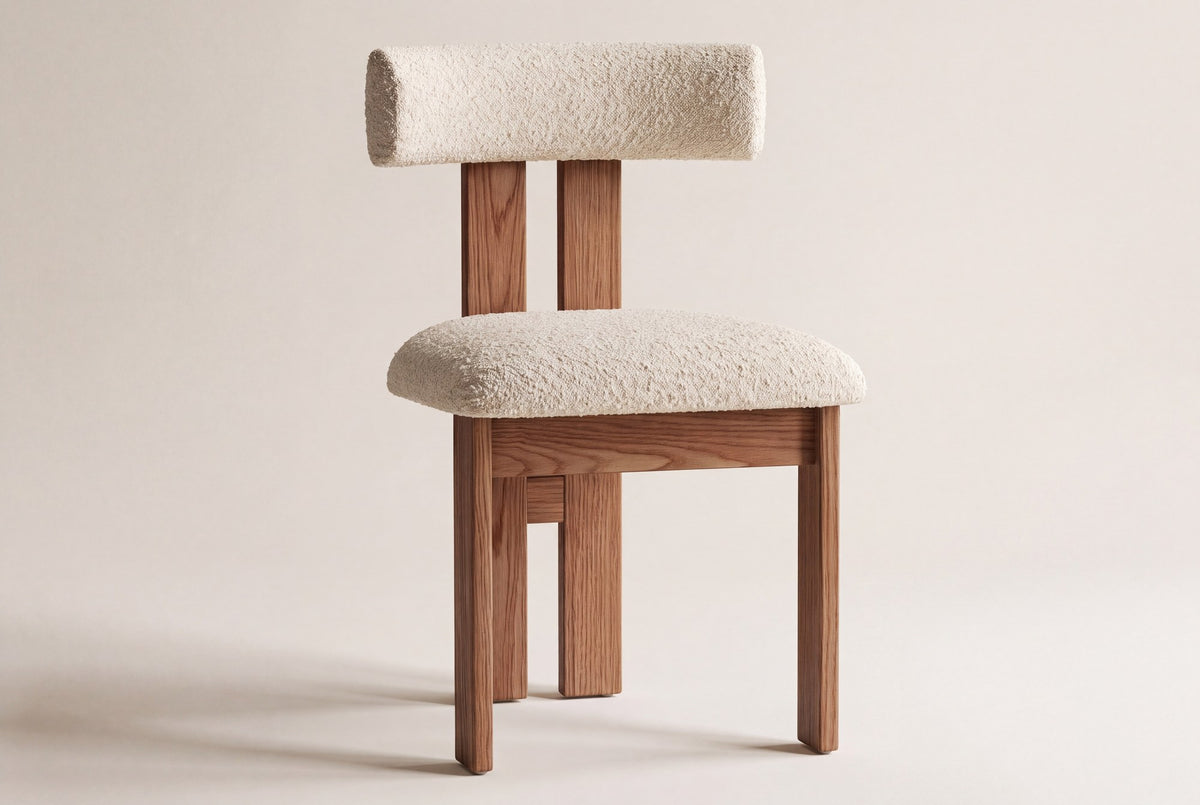 Carlo boucle dining chair in wire-brushed oak on an off-white studio backdrop