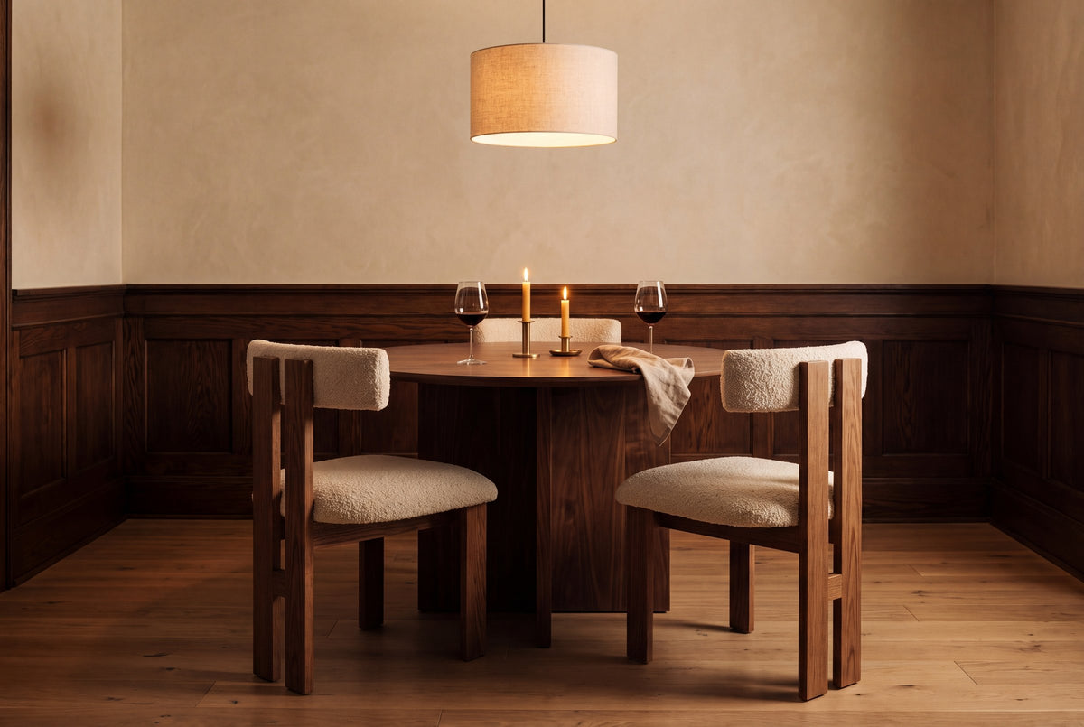 Three Carlo dining chairs in oak and ivory boucle tucked in around a round walnut table with two lit beeswax candles in brass holders, two glasses of red wine and a linen napkin, under a linen drum pendant, with dark oak panelling below a warm plaster wall in the evening