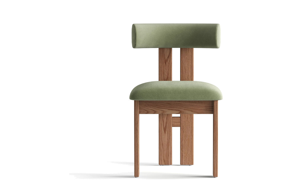 Carlo dining chair in olive green faux mohair velvet and wire-brushed oak on a white background