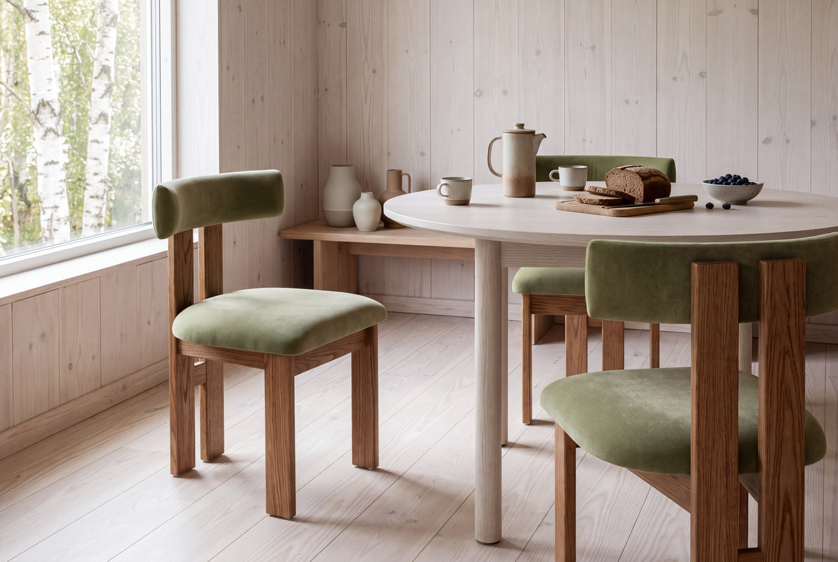 Two olive velvet Carlo dining chairs at a breakfast table in a bright, pale timber apartment in Oslo