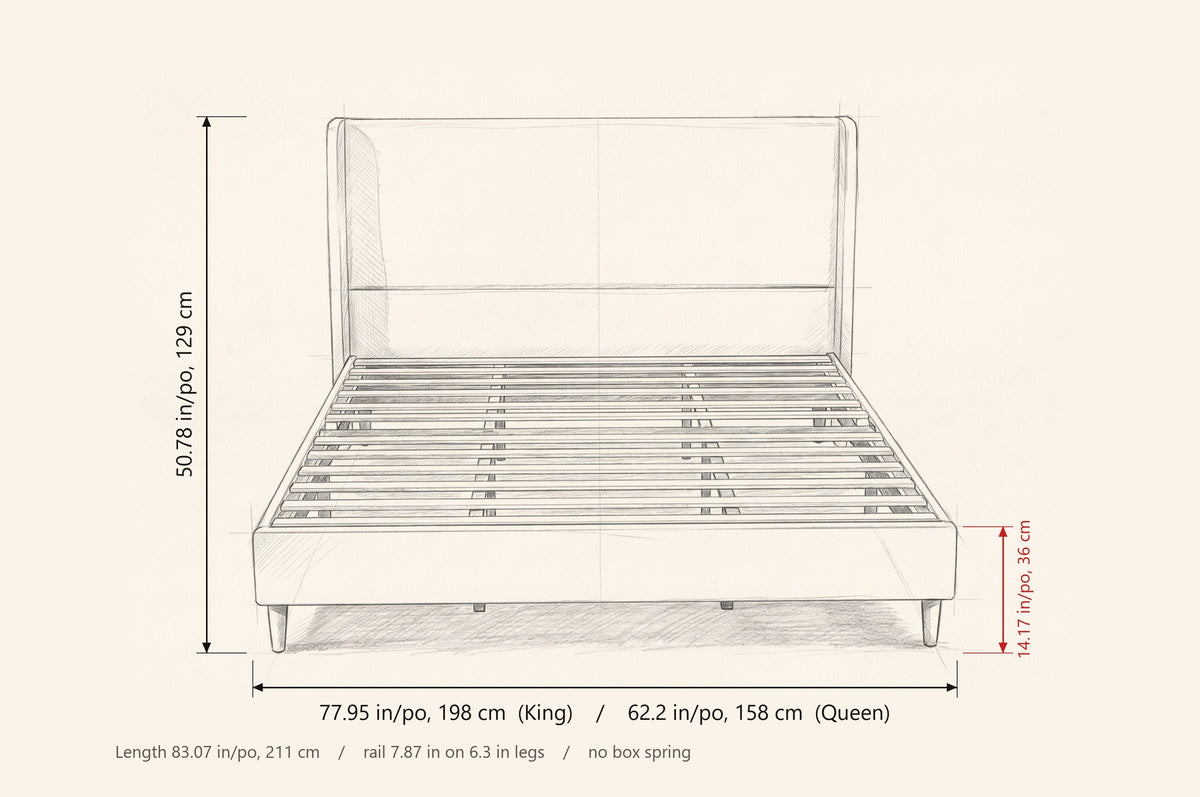 Carrara bed dimensions: 77.95 in wide (King) or 62.2 in (Queen), 50.78 in high, rail top 14.17 in from the floor