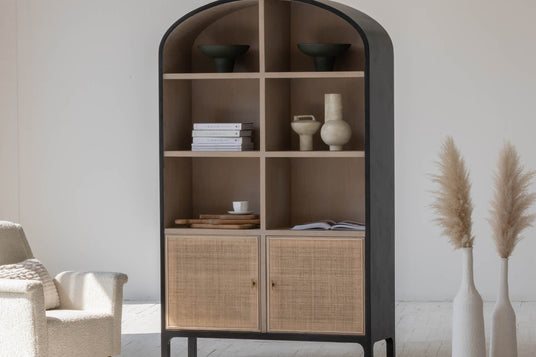 Carver Arched Tall Cabinet with Rattan Doors - Black Outside, Warm Inside