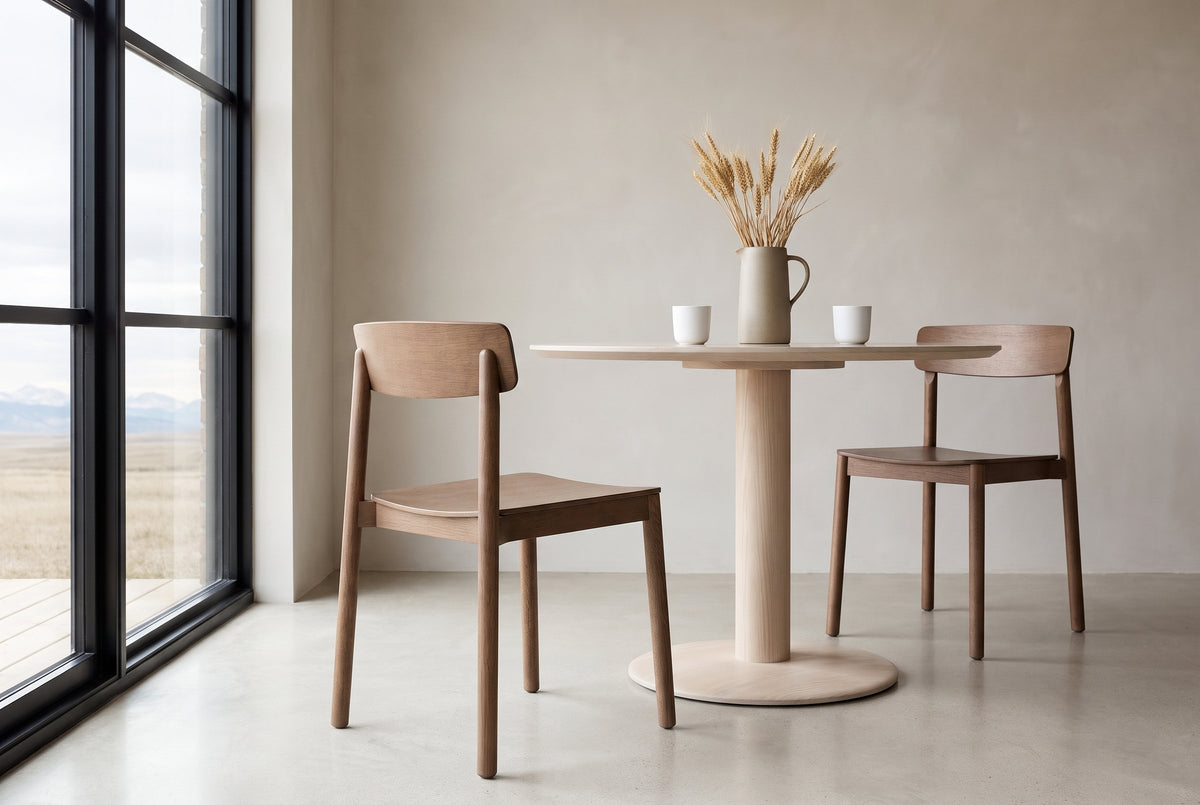 Two Casole dining chairs in walnut-stained oak at a round light ash table in a Calgary dining room