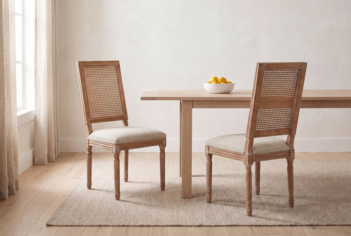 A pair of Castelfranco dining chairs in Beige in a bright Vancouver dining nook with a pale oak table and a bowl of lemons