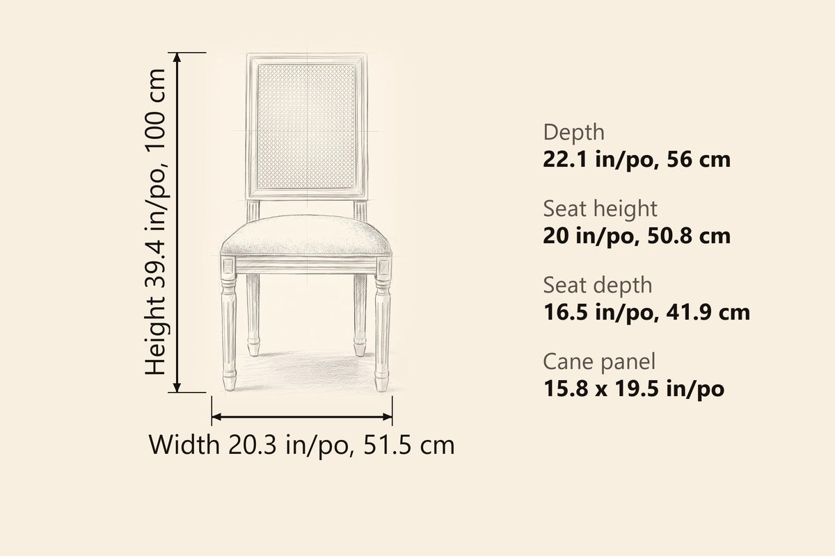 Castelfranco dining chair dimensions: 20.3 in wide, 22.1 in deep, 39.4 in high, seat 20 in high, seat depth 16.5 in