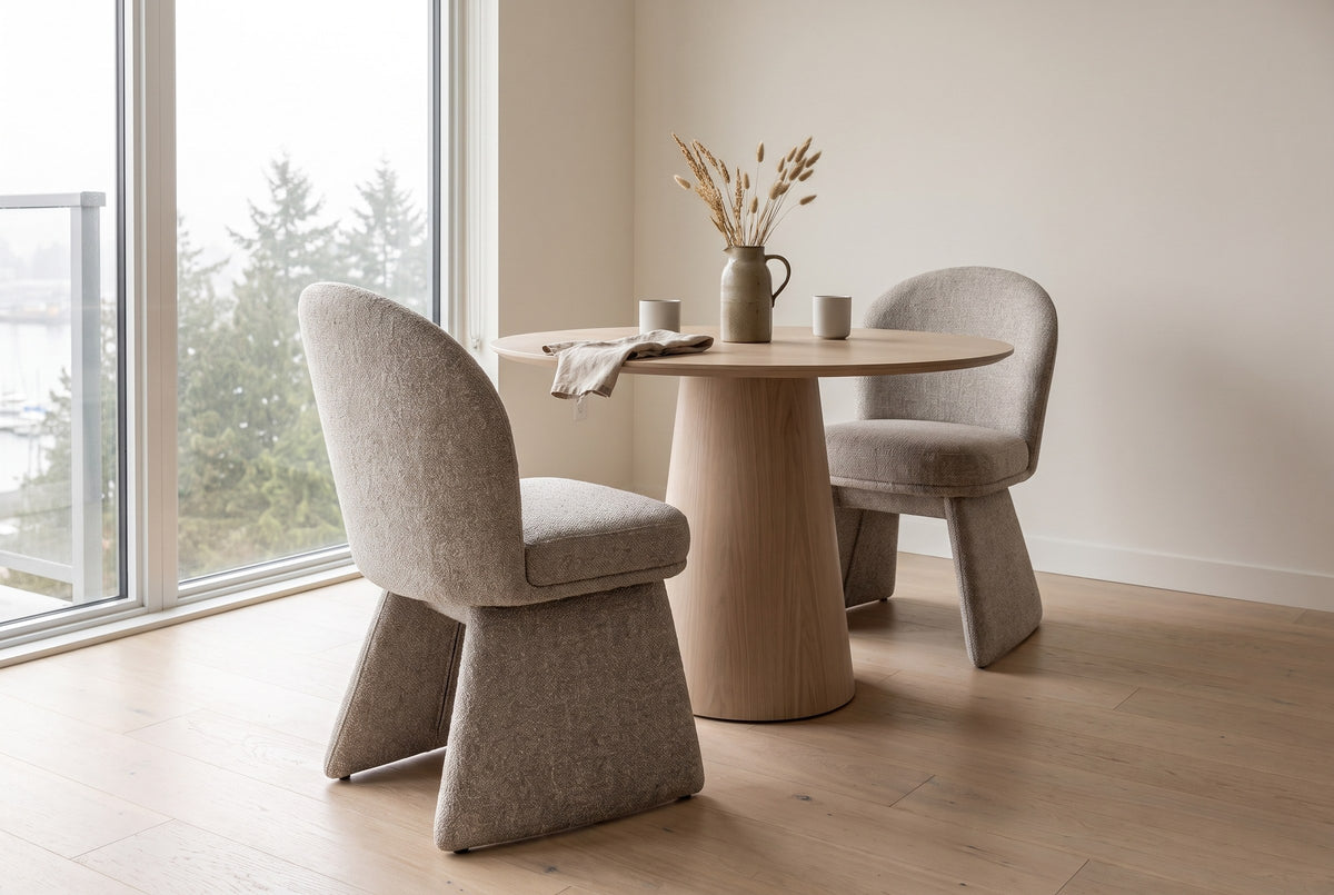 Two Castellabate dining chairs in beige at a round pale-oak pedestal table in a white Vancouver condo