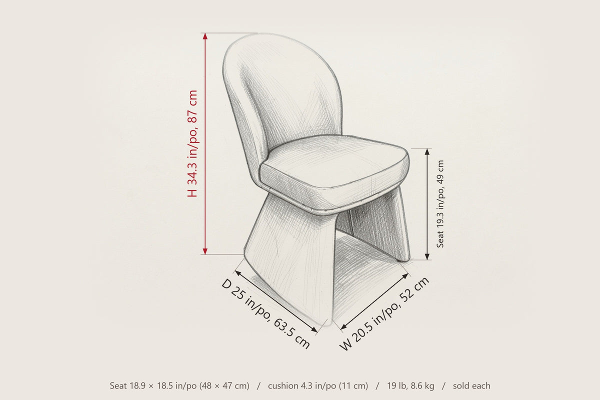Castellabate dimensions on a pencil sketch of the chair: 34.3 in high, 25 in deep, 20.5 in wide, seat height 19.3 in