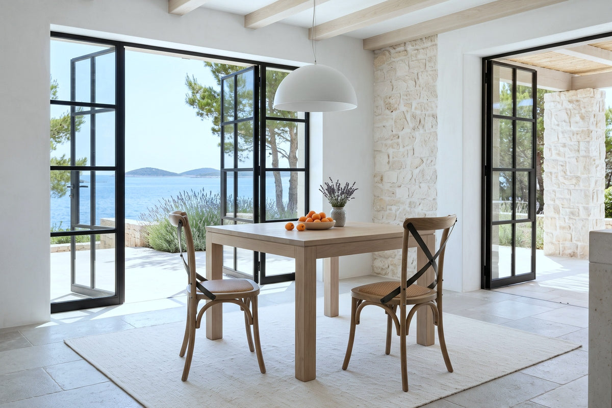 Two Castelmola dining chairs in Natural Rustic at a square bleached-oak table in a Hvar villa, with Venetian plaster
