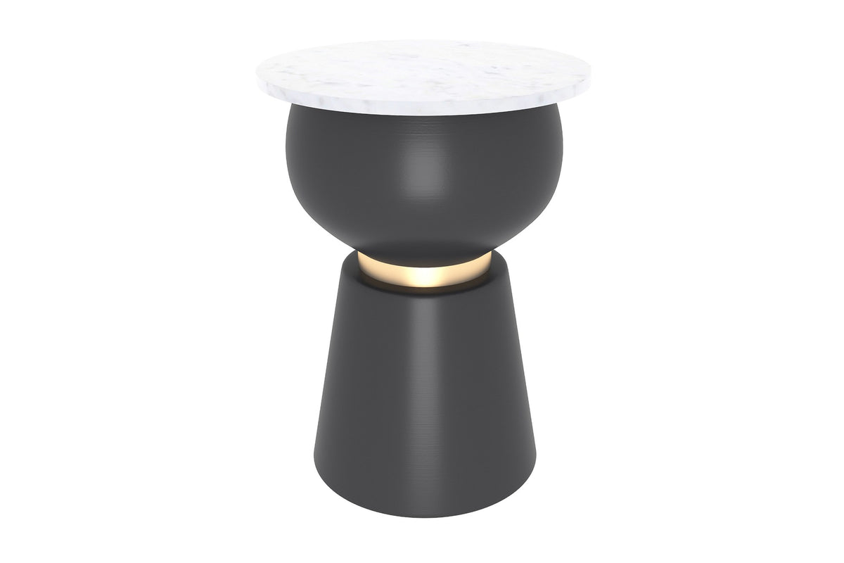 Celeste white marble side table on a black iron base with a brushed gold band, three-quarter view