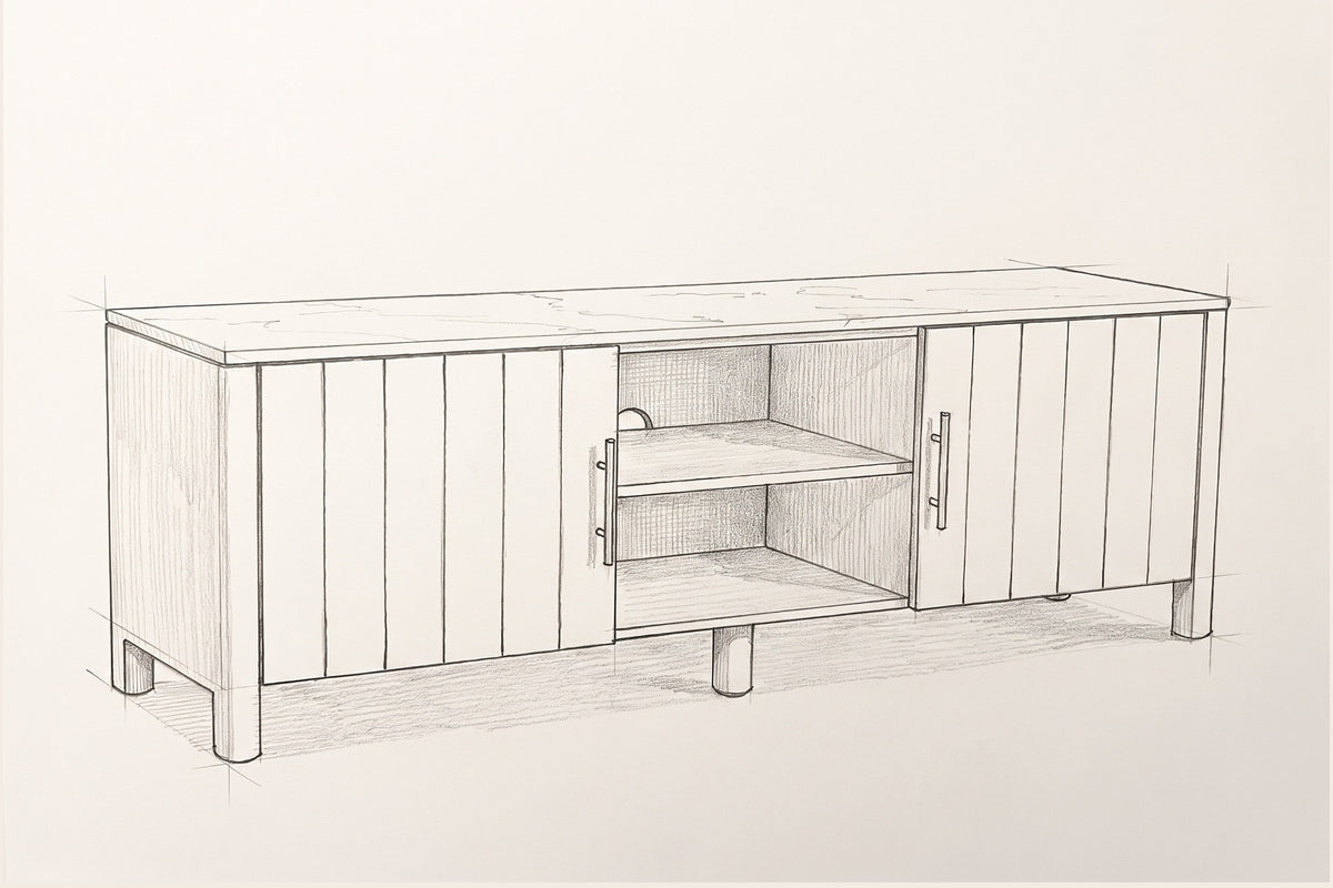 Pencil sketch of the Ceresole media cabinet, three-quarter view
