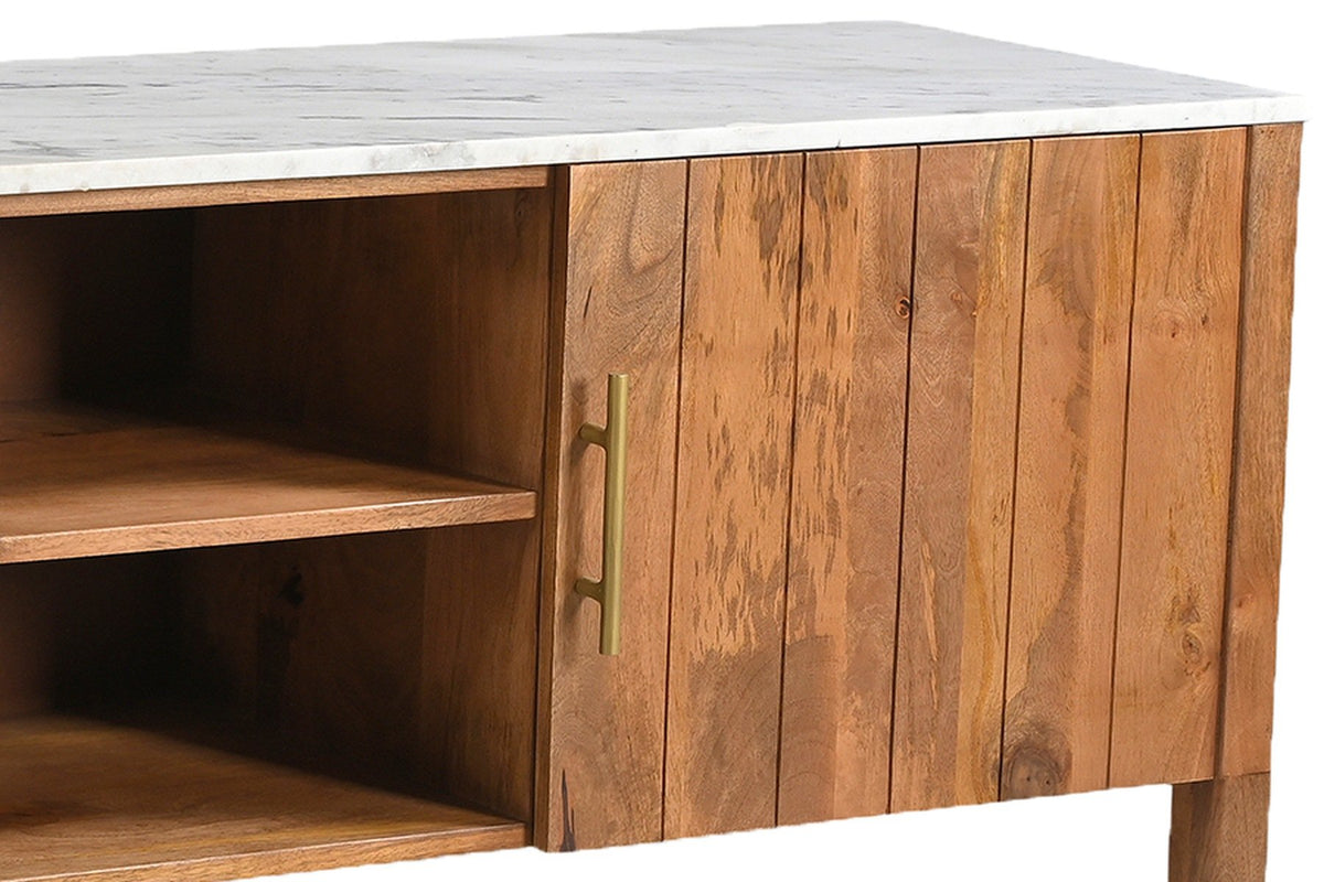Close-up of the Ceresole right door and the white marble top with soft grey veining, the open centre shelf beside it