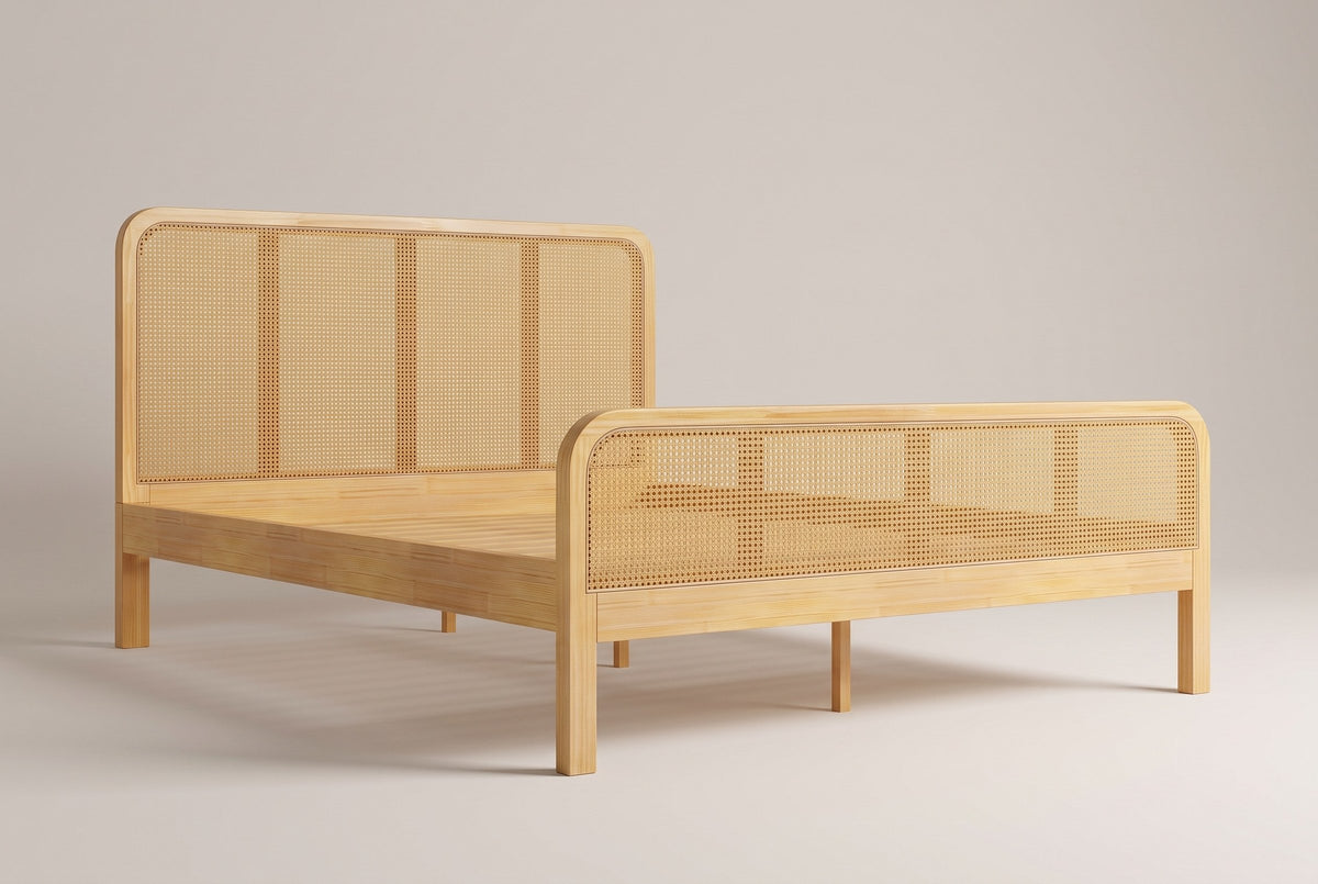 Certaldo cane bed in natural solid wood, three-quarter view on a warm studio backdrop