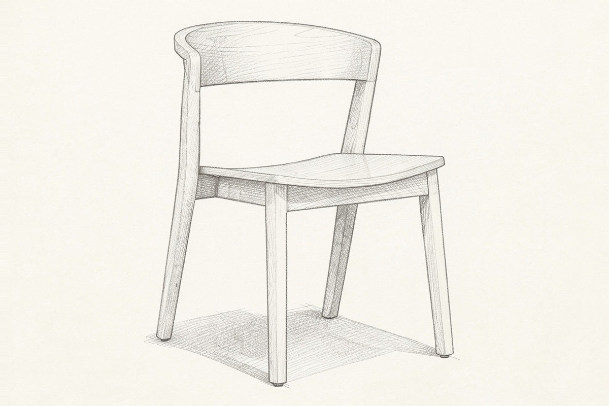 Pencil sketch of the Certosa dining chair, three-quarter view from above