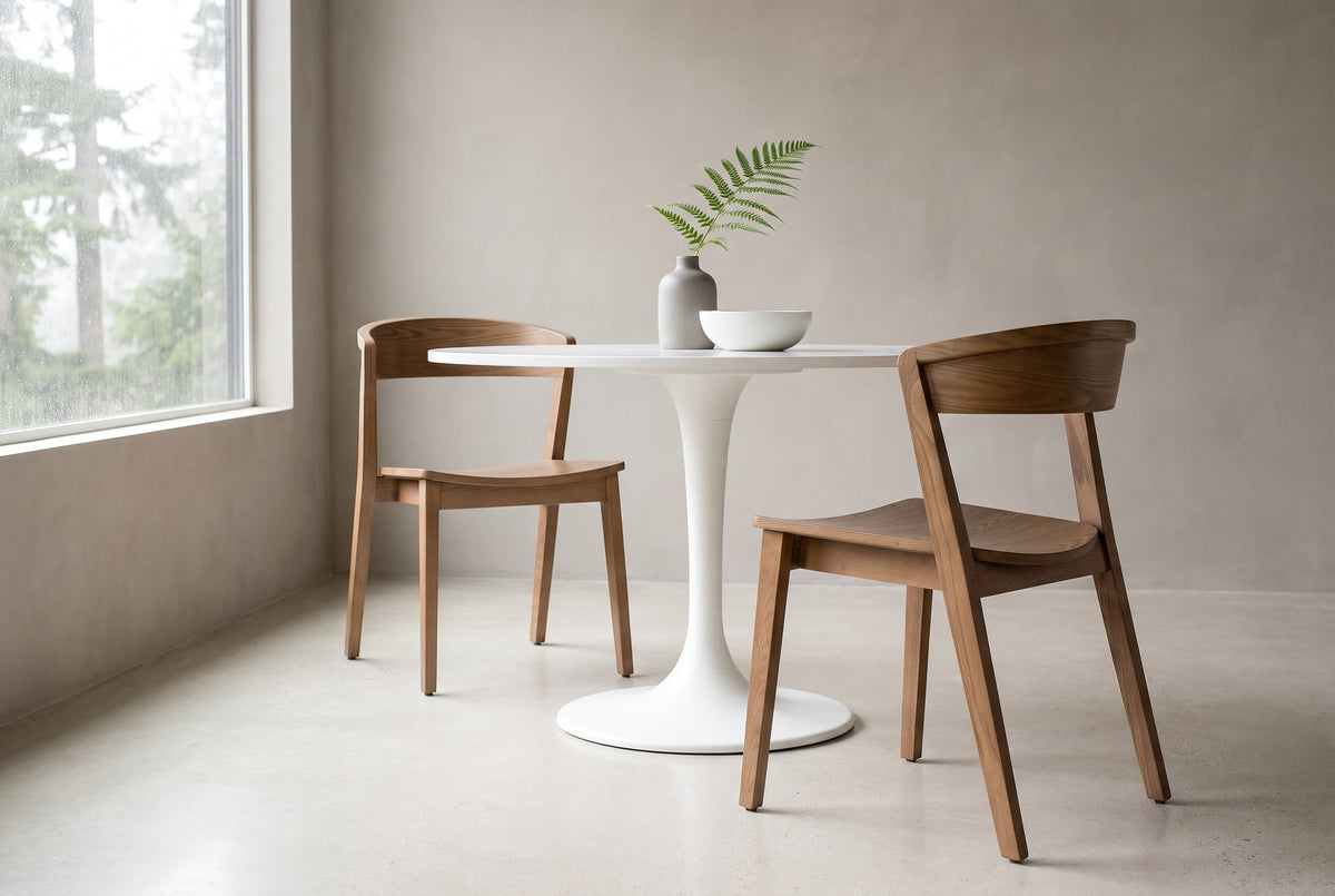 Two Certosa dining chairs in walnut at a round white pedestal table in a North Vancouver house, misty firs through the window