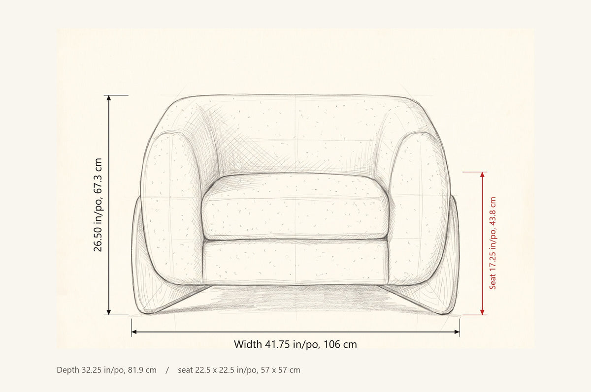 Cervia dimensions: 41.75 in wide, 26.50 in high, seat height 17.25 in, 32.25 in deep, seat 22.5 x 22.5 in