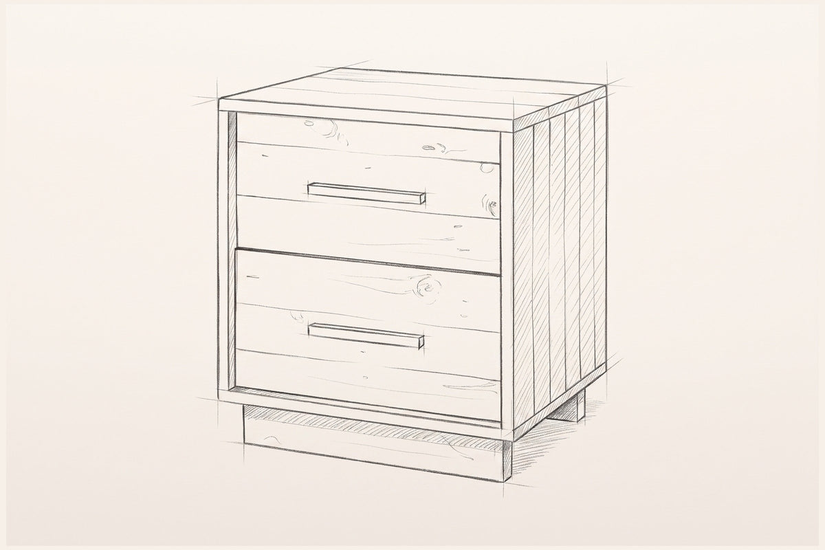 Pencil sketch of the Cervinia reclaimed pine nightstand, three-quarter view