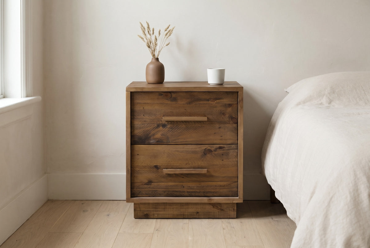 Cervinia reclaimed pine nightstand from the front beside a bed with a cream duvet in a Stratford, Ontario bedroom