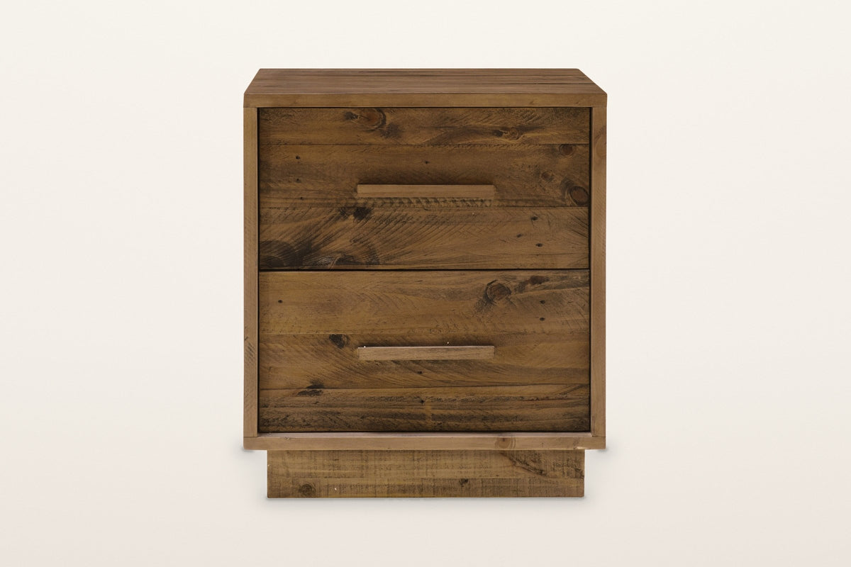 Cervinia nightstand from the front: two drawers of three planks each, one wooden bar pull on each, a plain frame and a recessed plinth