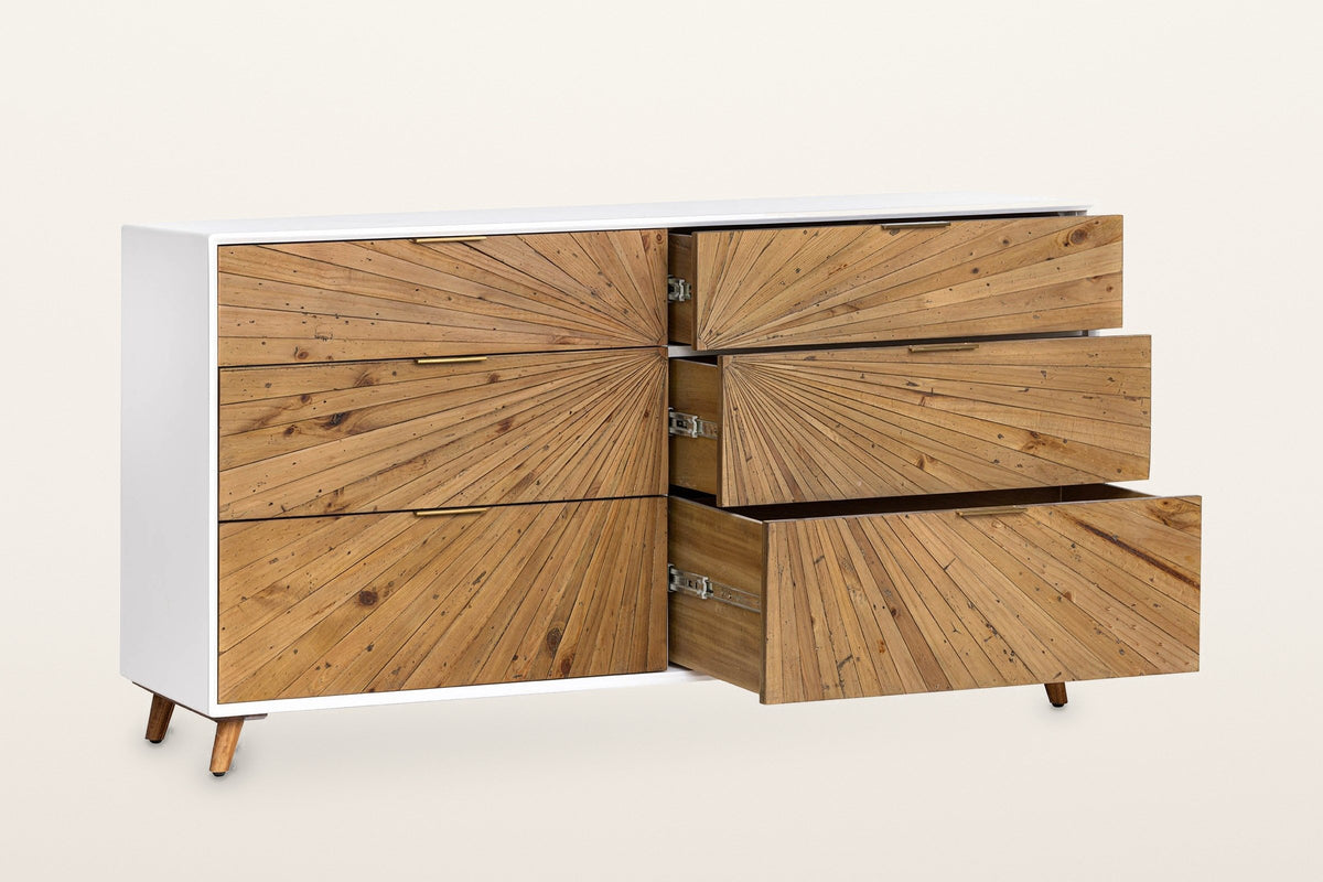 Cesana dresser with the three right-hand drawers open on metal glides