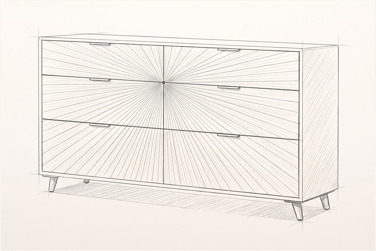 Pencil sketch of the Cesana dresser, three-quarter view