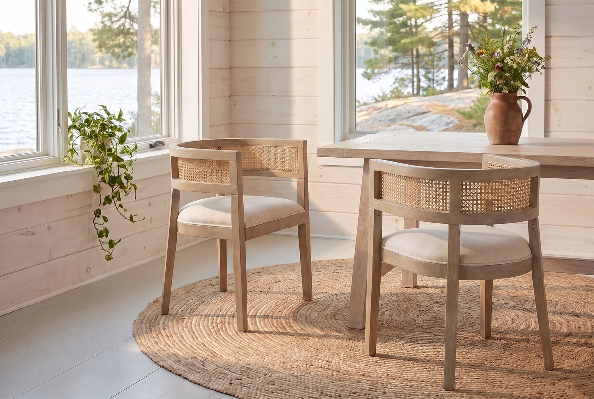 Two Cesena dining chairs in Natural Ash on a round jute rug in a Muskoka cottage dining nook with a view of the lake