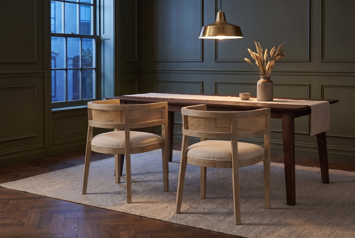 Two Cesena dining chairs in Natural Ash at a dark walnut table in an olive-green Toronto dining room at dusk