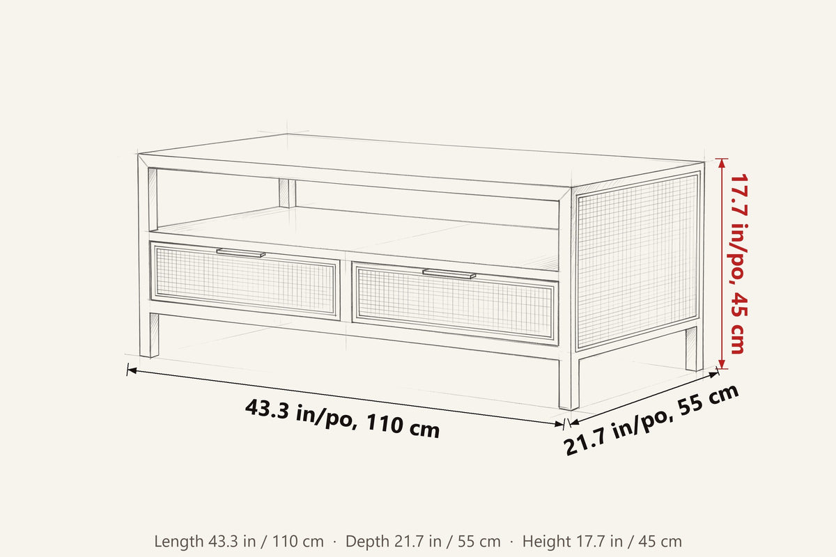 Cetara dimensions on a pencil sketch of the coffee table: 43.3 in long, 21.7 in deep, 17.7 in high