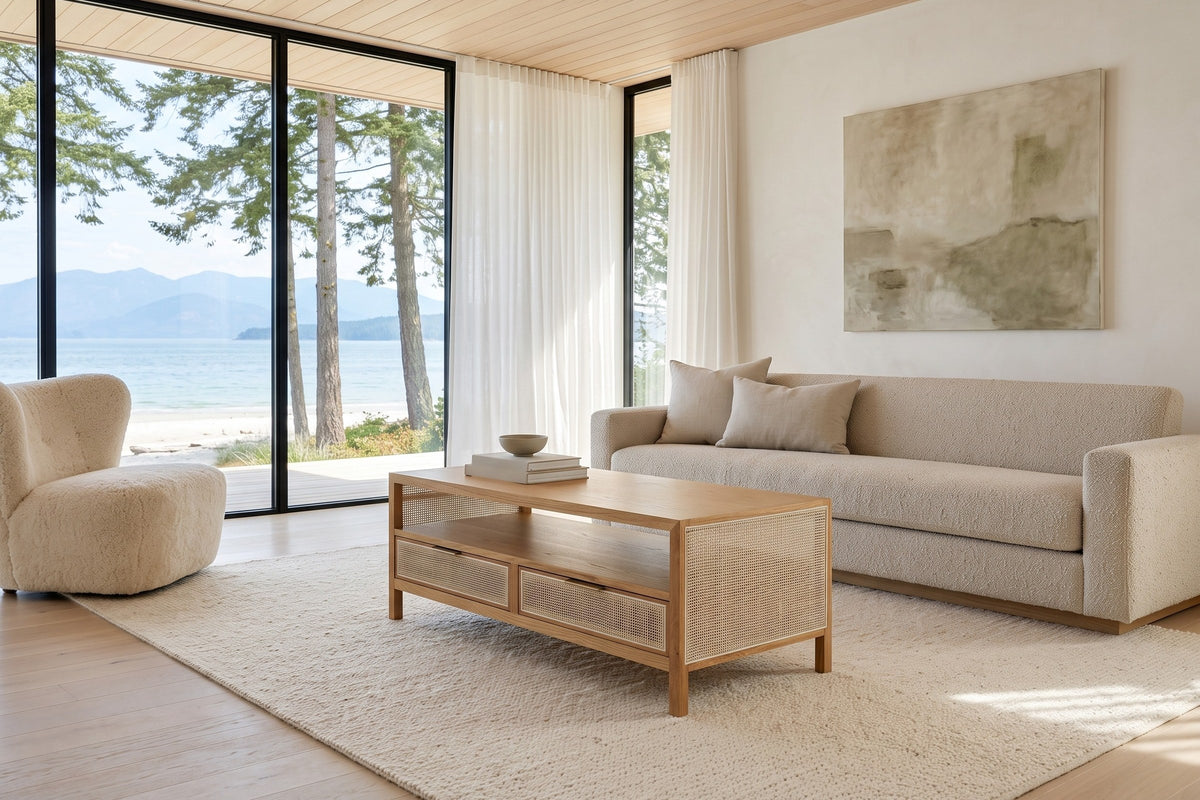Cetara coffee table in Natural ash and wicker in a Savary Island house, with limewashed walls, a cedar ceiling