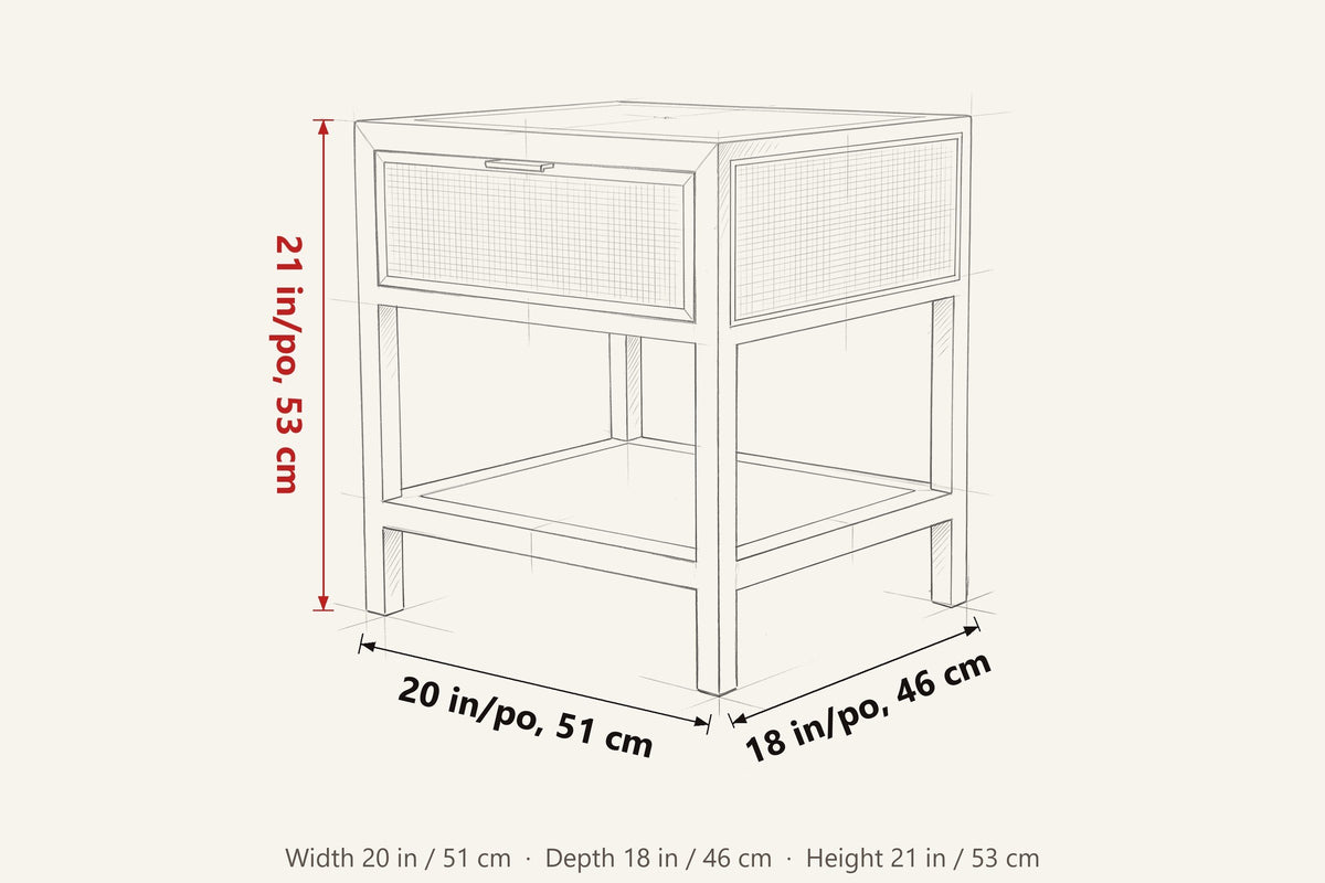 Cetara side table dimensions on a pencil sketch: 20 in wide, 18 in deep, 21 in high