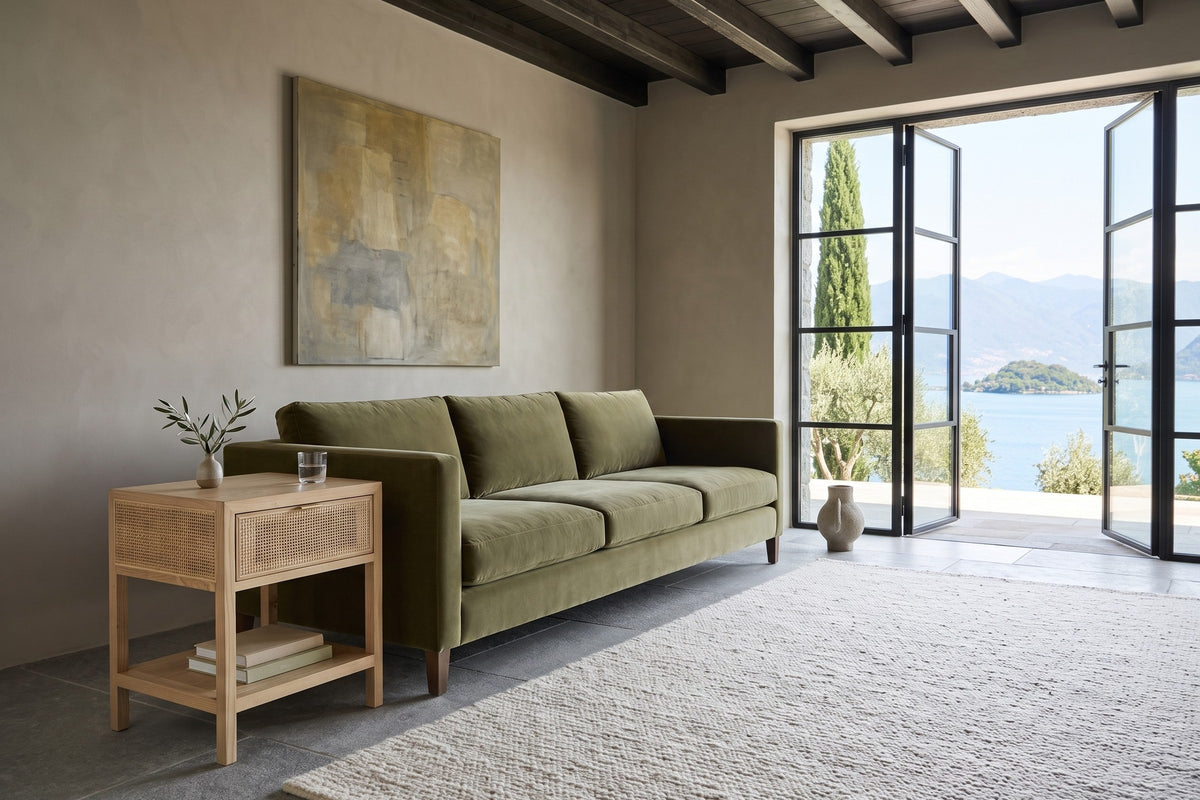 Cetara side table in Natural ash and wicker at the arm of an olive velvet sofa in a lakeside stone villa