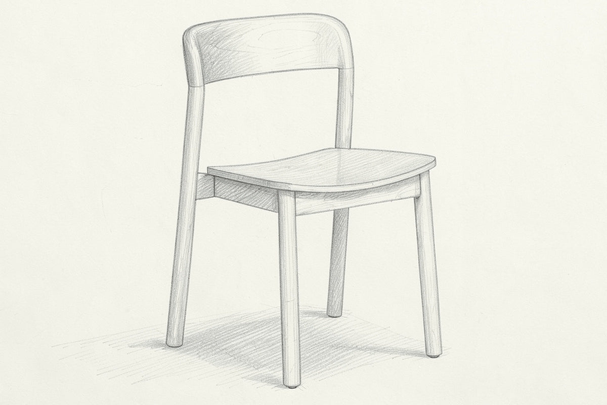 Pencil sketch of the Chiavenna dining chair, three-quarter view