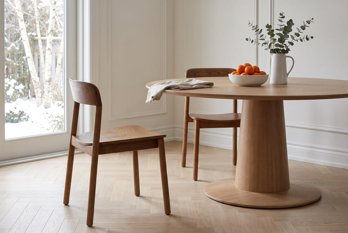 Two Chiavenna dining chairs in walnut at a round white-oak pedestal table in an Ottawa townhouse