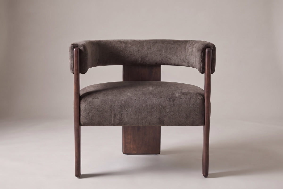 Chioggia velvet accent chair in Dark Brown, straight front view on a studio backdrop